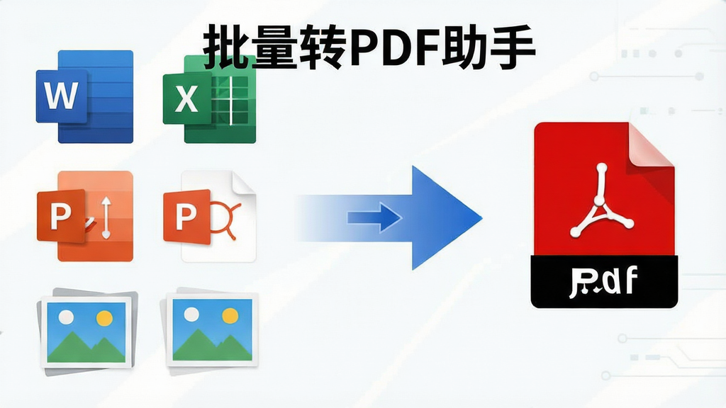 一张展示批量转PDF助手多格式转换功能的图片,画面中多个不同格式的文件图标(Word、Excel、PPT、图片)同时排列在左侧,右侧箭头指向统一的PDF文件图标。布局为左右对比式,风格为扁平化科技风,细节包括文件格式标识、转换箭头、PDF标识,画质清晰干净,无多余元素,图片中文字标注