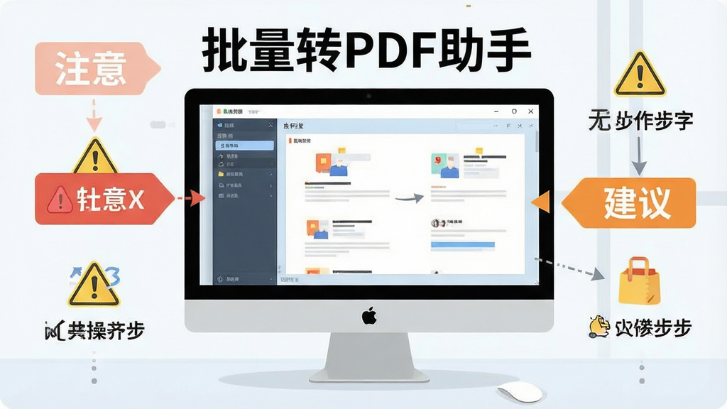 一张展示批量转PDF助手新手操作注意事项的图片,画面中电脑屏幕上显示软件界面,旁边有提示标签标注