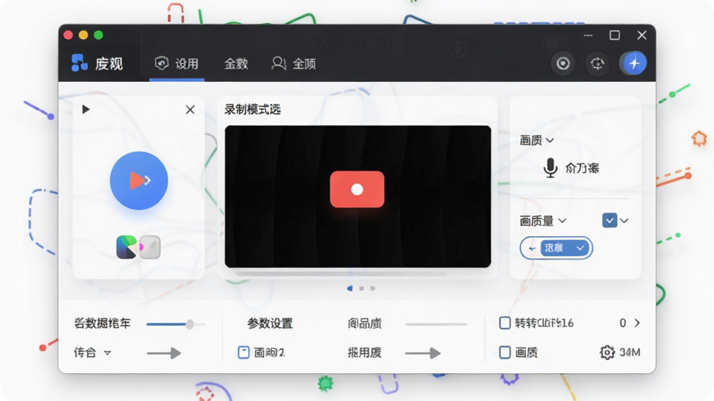 一张展示转转大师录屏软件完整界面的概念图,主体为软件主窗口位于画面中央,布局包含顶部功能导航栏、中部录制模式选择卡片、底部参数设置区,排版层次分明,风格为现代简约科技风,细节包括录制按钮、麦克风图标、画质选项等元素,画质高清,画面干净,无多余元素