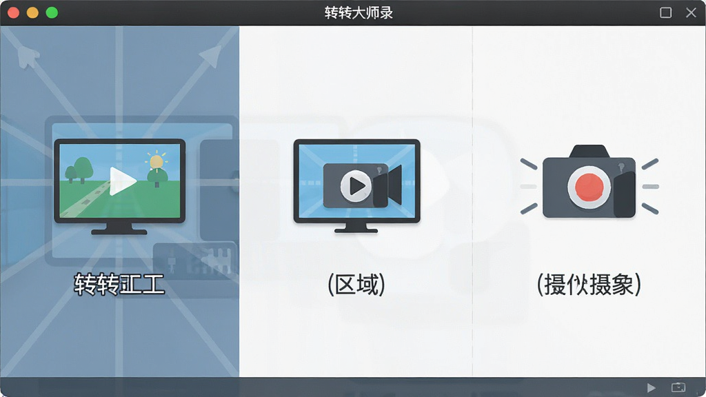 一张转转大师录屏软件多模式录制功能展示图,主体为软件界面中全屏、区域、摄像头三种模式图标并列排布,布局采用左中右三栏结构,排版简洁直观,风格为扁平化设计,细节包括每种模式对应的示意图标和文字说明,画质清晰,画面干净,无多余元素