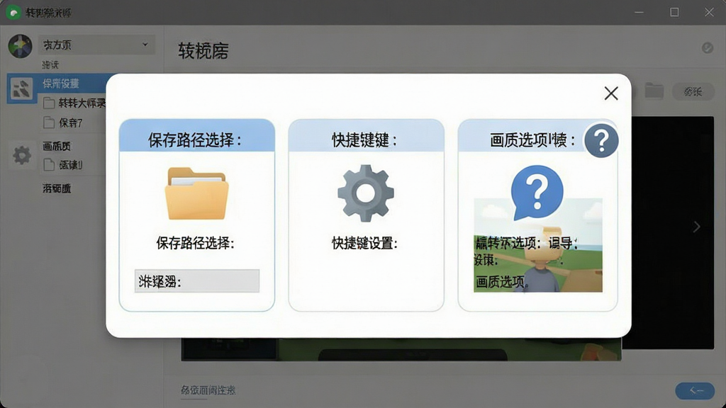 一张转转大师录屏软件新手设置引导示意图,主体为软件设置界面截图风格,布局为居中弹窗形式,排版包含保存路径选择、快捷键设置、画质选项三个模块,风格为友好引导式设计,细节包括文件夹图标、齿轮图标、问号提示图标,画质清晰,画面干净,无多余元素