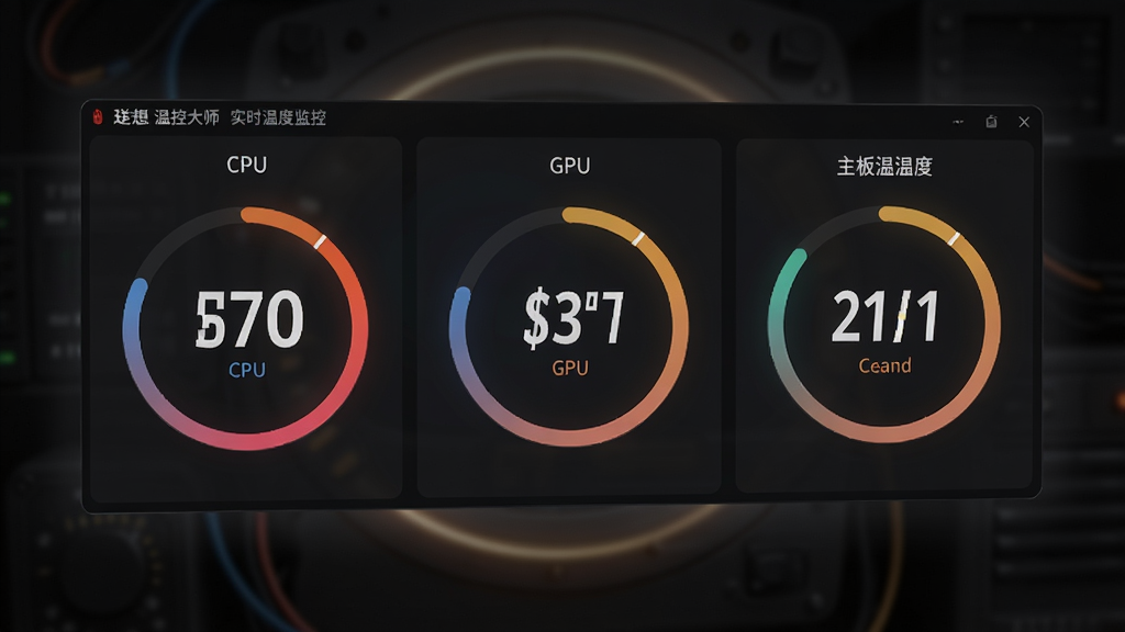 �����¿ش�ʦʵʱ�¶ȼ�ؽ��棬����Ϊ����ʽ�¶��Ǳ��̣����ֲ������в�����ʾCPU��GPU�������¶ȣ��Ű���ֱ�ۣ����Ϊ��ɫϵ���ݿ��ӻ���ϸ�ڰ����¶���ֵ���ֺ���ʾ�����ν�������ɫ���¶Ƚ��䡢��������΢�����Σ����ʸ��壬�ɾ�������