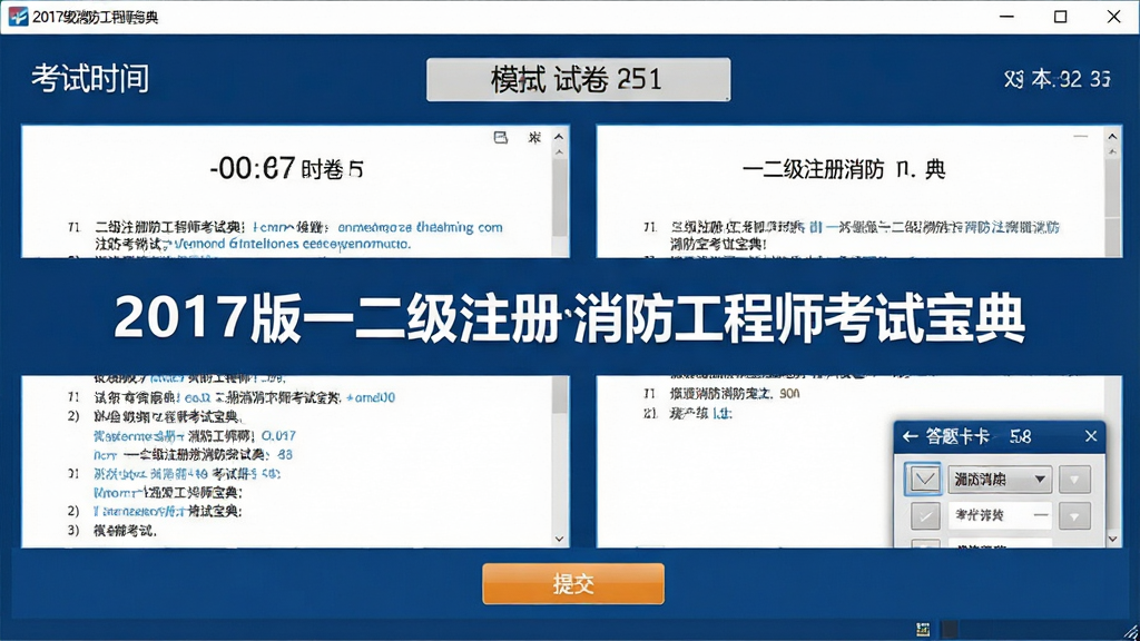 2017版一二级注册消防工程师考试宝典模拟考试界面截图,画面中央展示软件名称“2017版一二级注册消防工程师考试宝典”,屏幕显示倒计时与试卷题目,底部有提交按钮与答题卡,整体布局严谨,采用深蓝色考试界面风格,细节包含考试时间与题目序号,画质清晰干净无多余元素