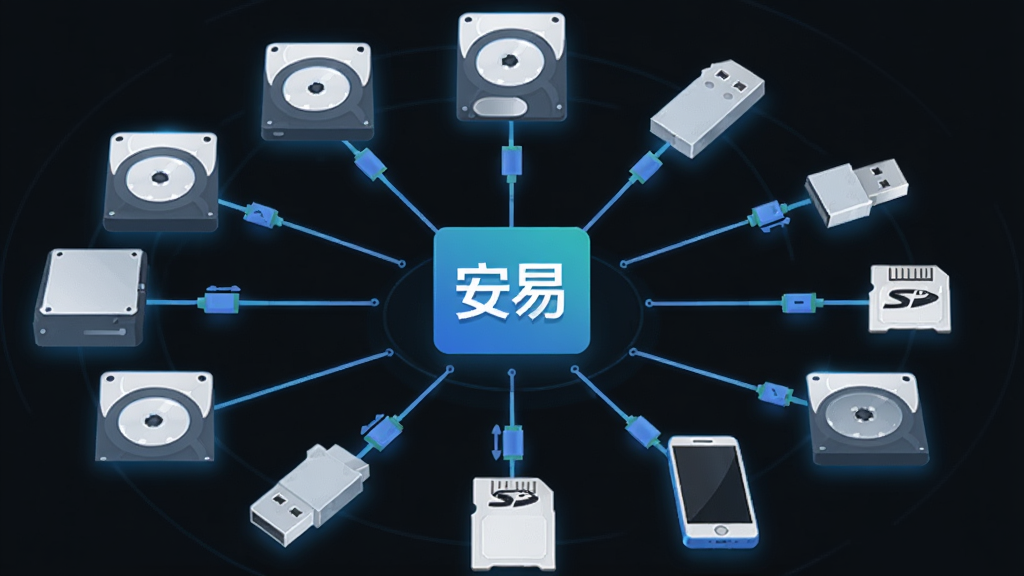 ����Ӳ�����ݻָ������豸������ʾ��ͼ������Ϊ�������Ӷ��ִ洢�豸��ͼ�꼯�ϣ�����Ϊ�������е�Ӳ�̡�U�̡�SD�����ֻ�ͼ��Χ����������Logo���Ű����״�����Ϊ��ƽ���Ƽ��У�ϸ�ڰ��������������豸����Ч������ɫ���������ʸ��壬�ɾ����޶���Ԫ��