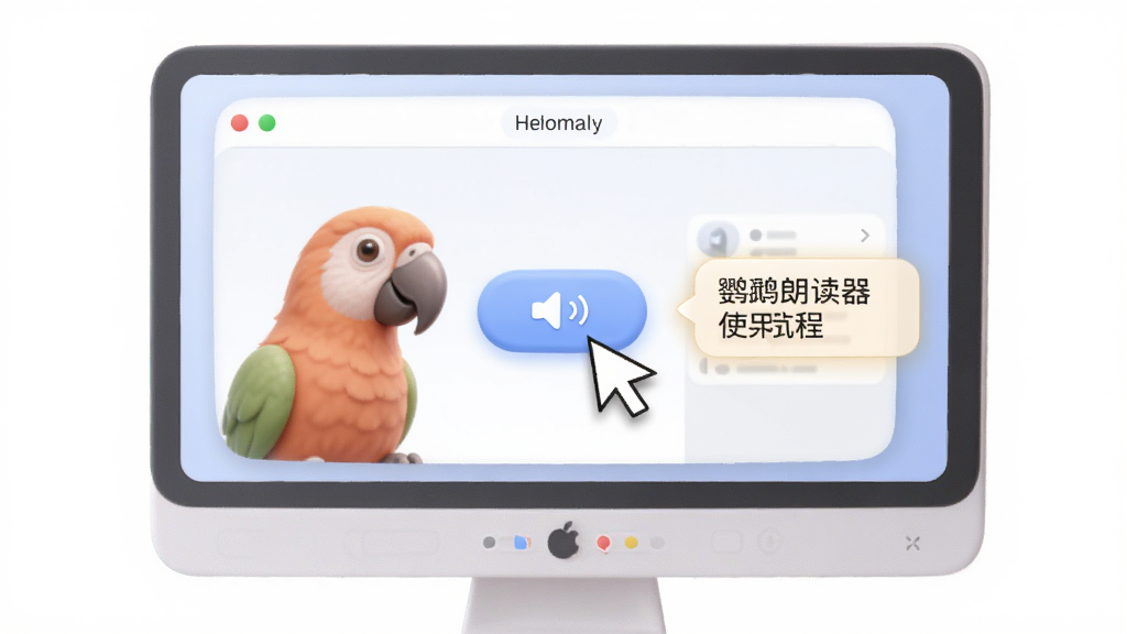 鹦鹉朗读器使用教程示意图,主体为电脑屏幕上的软件操作界面,布局中央,排版横向,风格柔和圆角,细节包括鼠标指针点击朗读按钮和高亮提示框,画质高清,干净,无多余元素