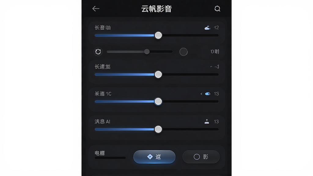 “云帆影音”设置界面,主体为各种调节滑块和选项按钮,布局为纵向列表排列,排版清晰,风格为深色主题UI,细节上滑块有高光、按钮有按压效果,画质高清,干净整洁