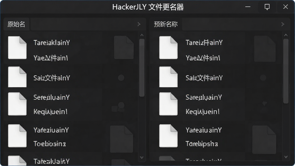 软件界面截图风格,展示批量文件列表与实时预览对比窗口,左侧为原始文件名,右侧为预览新名称,顶部有“HackerJLY 文件更名器”标题,界面采用深色模式,强调数据对比的清晰度,画质干净,无杂乱元素