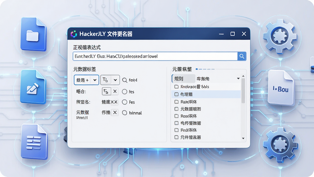 软件功能示意图,画面中央为“HackerJLY 文件更名器”的规则配置面板,展示正则表达式输入框、元数据标签选择区以及规则列表,周围环绕着文件图标与齿轮元素,风格科技感,布局整齐,画质清晰,背景干净