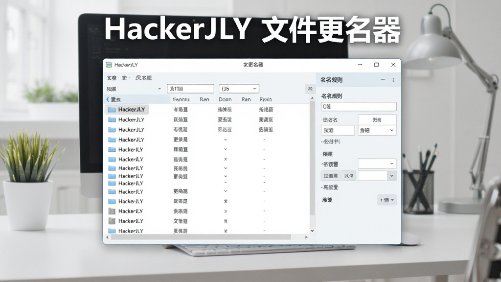 软件主界面全景展示,中央为HackerJLY 文件更名器主窗口,左侧显示文件列表,右侧为命名规则设置面板,界面采用清爽的浅色主题,顶部有醒目的软件名称“HackerJLY 文件更名器”,背景为简洁的办公桌面环境,整体布局清晰,风格现代简约,画质细腻,干净无多余元素