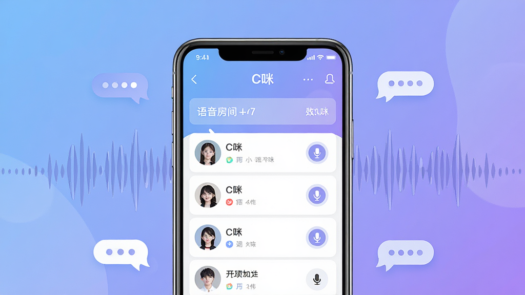 一张以“C咪”语音社交应用为主题的手机界面展示图,画面中央放置一部现代智能手机,屏幕显示“C咪”软件主界面,包含语音房间列表、用户头像和麦克风图标,背景为柔和渐变蓝紫色调,周围环绕声波纹理和聊天气泡元素,整体布局居中对称,风格清新现代,细节清晰,画质干净,无多余元素