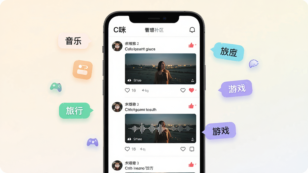 一个以“C咪”动态社区为主题的信息流界面展示图,画面中手机屏幕显示多条用户动态,包含图片、语音波形和点赞图标,周围漂浮兴趣标签如音乐、旅行、游戏,背景为浅色渐变,布局瀑布流式,风格清新社交,细节丰富,画质干净,无多余元素