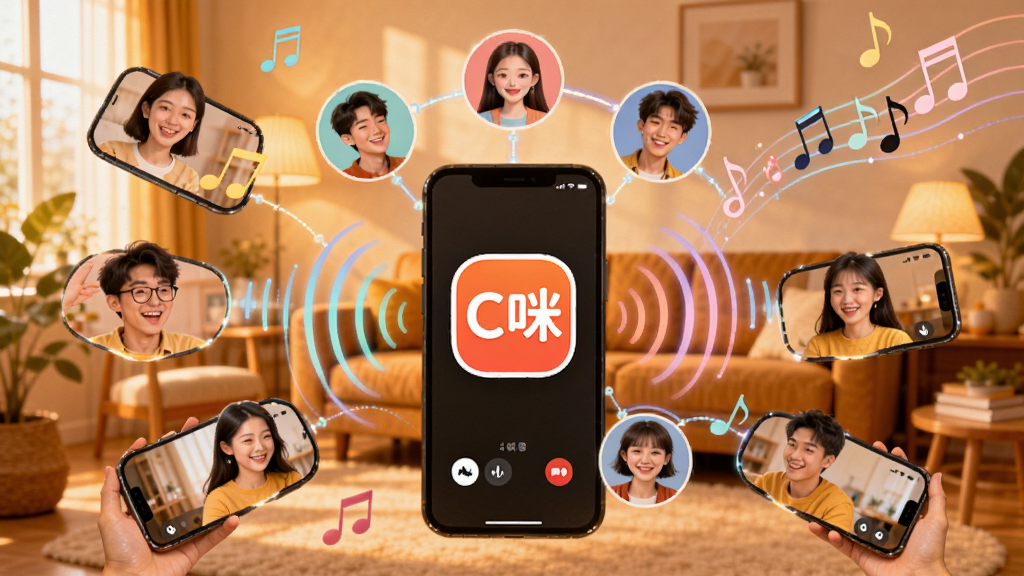 一群年轻人通过“C咪”应用在各自手机屏幕前进行多人语音聊天,画面以圆形声波连接多个用户头像,中心是“C咪”标志,背景为温馨的室内场景和抽象音符元素,布局呈放射状,风格活泼明快,细节丰富,画质清晰,干净无多余元素