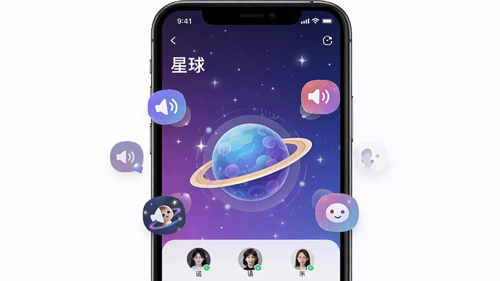 一张展示“C咪”应用内“星球”板块的手机截图风格示意图,画面中手机屏幕显示星球形状的虚拟社区入口,周围环绕不同主题语音房间图标和用户头像,背景为星空渐变紫蓝色,布局居中,风格梦幻科技,细节清晰,画质干净,无多余元素
