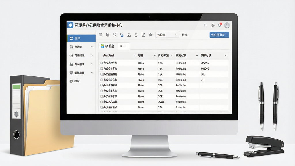 一张展现实易办公用品管理系统核心界面的产品示意图,主体为电脑屏幕中运行的软件主界面,布局包含左侧功能导航栏、顶部工具栏与中央数据表格区,表格中展示办公用品名称、规格、库存数量、领用记录等信息,屏幕旁放置文件夹、订书机、签字笔等办公用品实物作为点缀,整体排版为横向构图,风格为简洁商务风,细节清晰、图标精致,画质高清,画面干净,无多余元素。