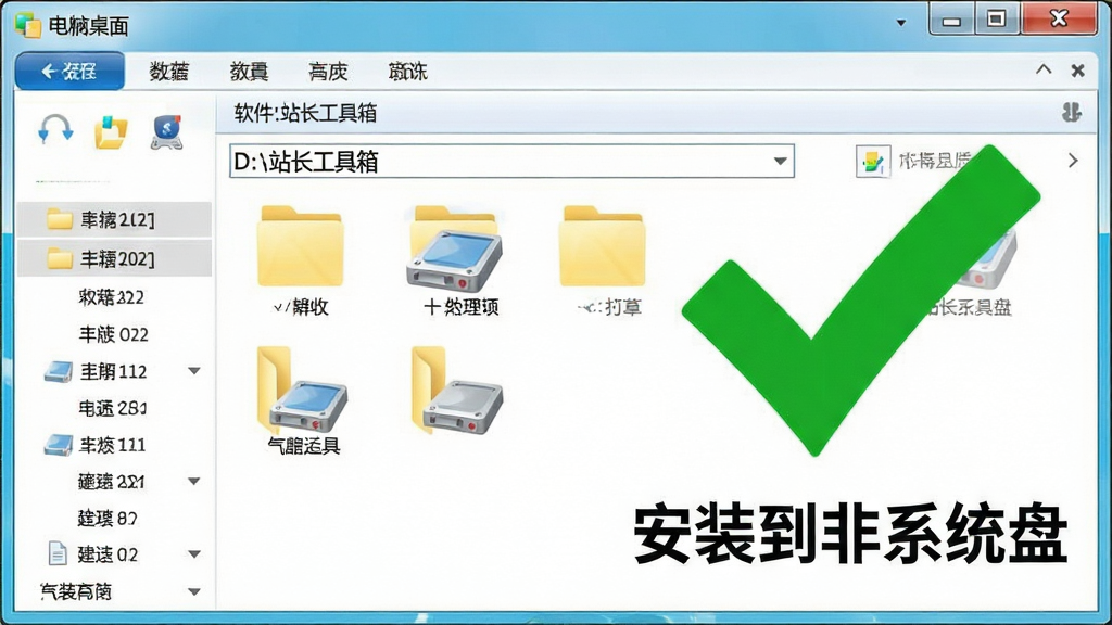 一张展示电脑桌面软件安装路径选择的示意图。画面为一个文件夹资源管理器窗口,路径显示为“D:\\站长工具箱”。窗口旁边有一个醒目的绿色对勾图标,强调“安装到非系统盘”的建议。风格为清晰的UI界面截图模拟,色彩明亮,细节包含文件夹图标和磁盘图标,画质干净,无杂乱文字。
