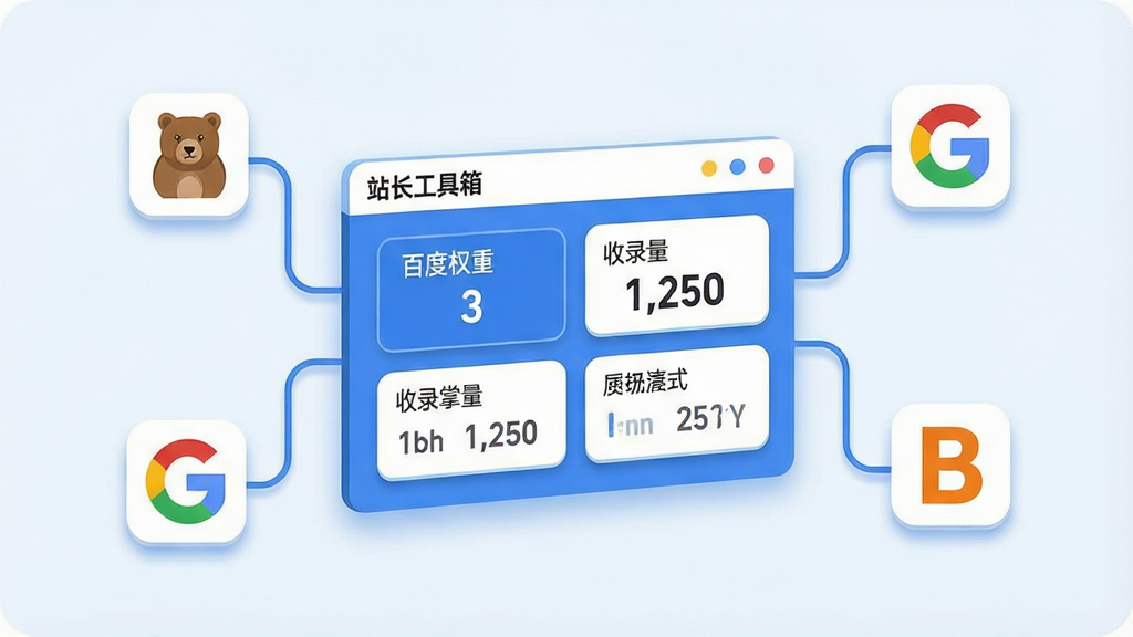 一张以“站长工具箱”数据仪表盘为视觉核心的扁平化插画。画面中央是一个悬浮的虚拟仪表盘,上面显示着“百度权重 3”、“收录量 1,250”等数据卡片。周围环绕着代表不同搜索引擎的抽象图标(如熊掌、字母G、字母B),数据线条将它们与仪表盘连接。风格为清爽的蓝白配色,细节包含微投影和圆角矩形,画质干净,主体突出,无杂乱背景。