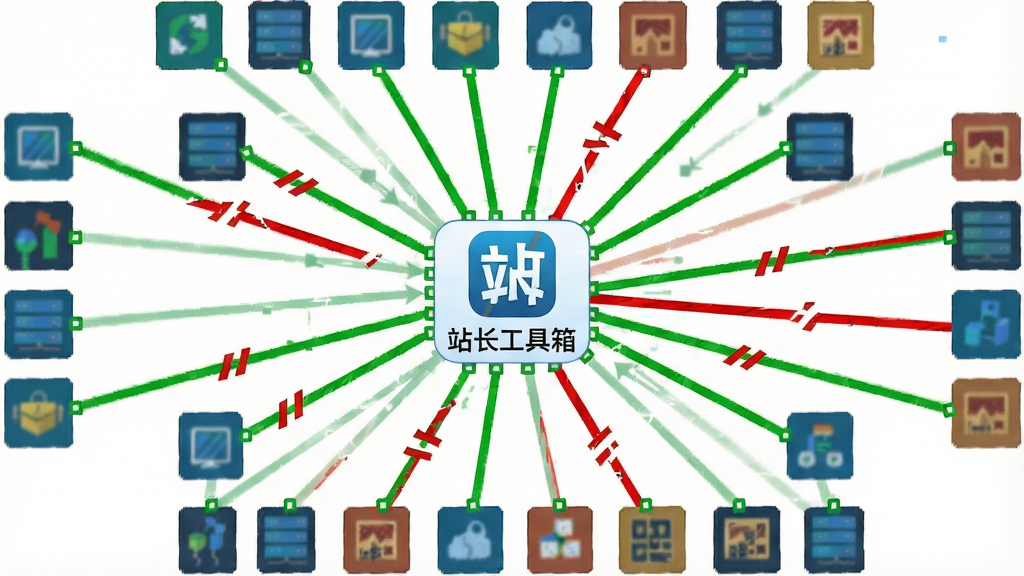 一张展示链接检测网络拓扑图的图片。画面中,一个中心节点标有“站长工具箱”图标,向外辐射出许多线条连接着周围众多代表不同网站的小方块。部分线条显示为绿色(正常),部分显示为红色断裂状(死链)。整体风格为信息图表设计,背景干净,线条清晰,色彩对比鲜明,无多余装饰。