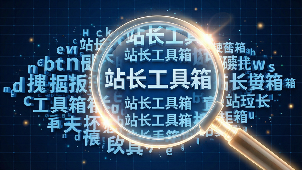 一张描绘关键词挖掘过程的创意场景图。画面主体是一个发光的放大镜,正对着一片由无数3D立体字母和汉字组成的词云进行聚焦。被放大的区域呈现出清晰的“站长工具箱”相关长尾关键词列表。背景是深蓝色的科技感网格,风格偏向数据可视化艺术,细节包含光晕和粒子效果,画质通透,主题明确。