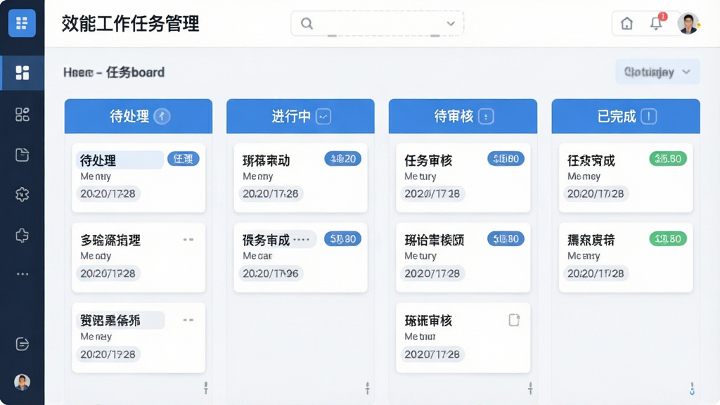 画面展示「效能工作任务管理」软件中的任务看板界面,分为四列纵向排列,每列标题分别为「待处理」「进行中」「待审核」「已完成」,卡片上写有任务名称与日期标签,界面风格为扁平化蓝白配色,布局整洁,排版清晰,画质干净,无多余元素