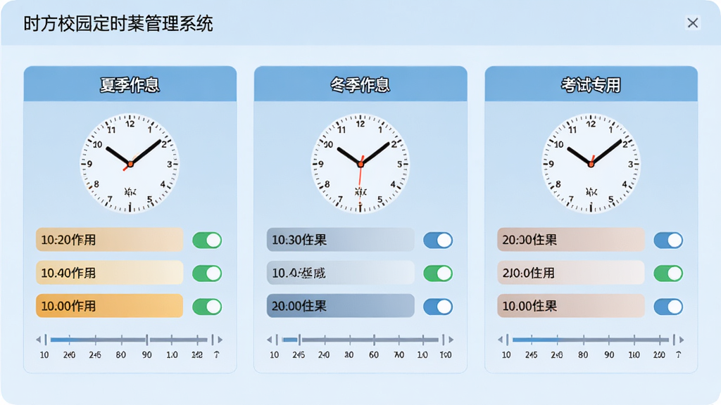 ʱ��У԰��ʱ�㲥ϵͳ������Ϣ�����������棬����չʾ�������е�ʱ������ֱ��ע���ļ���Ϣ����������Ϣ��������ר�á���ÿ������������Ų�ͬʱ����������Ŀ������Ϊǳ��ɫ�������������ϸ�ڰ�����ѡ״̬�����ÿ�����ʱ����ָʾ�����ʸɾ��������޶���Ԫ��