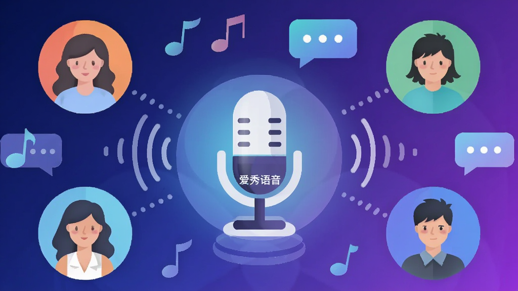 画面主体为一个大型语音聊天室的抽象场景,中央是一个发光的麦克风图标,周围环绕着六个不同颜色的圆形头像代表连麦用户,头像之间用声波线条连接;背景是深蓝色到紫色的渐变,点缀着音符与聊天气泡;整体采用现代扁平插画风格,构图呈放射状、视觉聚焦中央;细节上麦克风带有“爱秀语音”字样标签;画质高清、干净、无多余元素