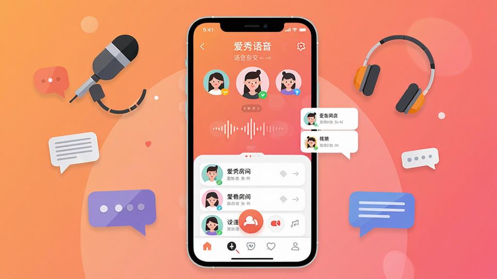 画面中央放置一部智能手机,手机屏幕内展示一个名为“爱秀语音”的语音社交应用界面,界面中包含多个圆形用户头像、语音波形图标、房间列表与底部导航栏,背景为温暖的橙粉渐变色调;手机周围漂浮着麦克风、耳机、聊天气泡等元素;整体采用扁平化UI插画风格,构图居中、层次分明;细节上突出语音房间卡片和连麦图标;画质清晰、干净、无多余元素,适合作为软件下载页预览图