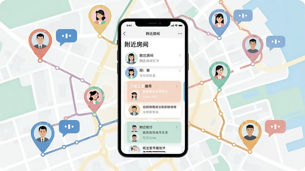 画面以一张抽象的城市地图为背景,地图上分布着多个带有头像的定位标记点,每个标记点旁有一个语音气泡图标;画面中央是一个手机界面,显示“附近房间”列表与匹配推荐卡片;整体采用清新浅色系扁平插画风格,构图以手机为中心、地图向四周延展;细节上标记点颜色各异、路线清晰;画质干净、无多余元素