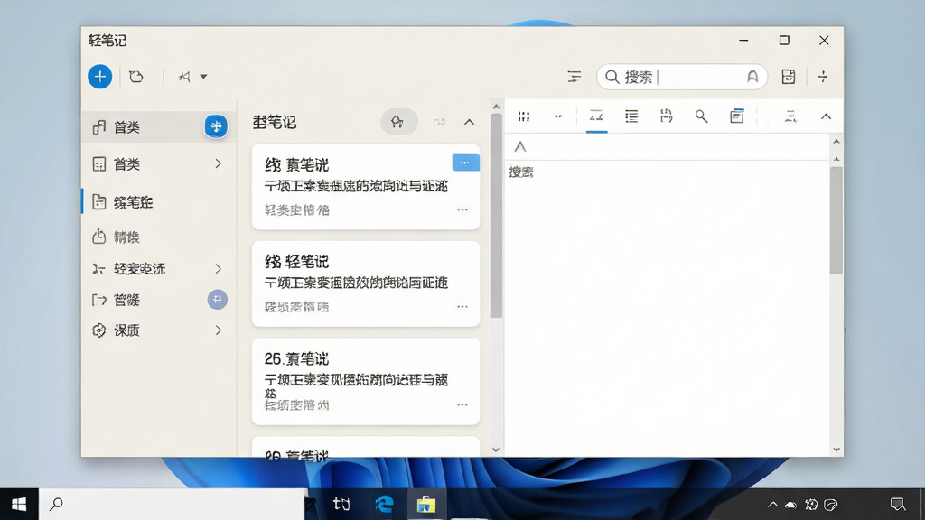 һ��չʾ��ʼ�������Windows�������������еĽ����ͼ��������ǳɫ������ıʼ��б����ڣ����Ϊ����Ŀ¼���Ҳ�Ϊ���ֱ༭���򣬲��ּ����ˬ�����Ϊ�ִ��칫����UI��ϸ�ڰ�����Ƭʽ�ʼ���Ŀ��Բ���½���ť������������������ɾ��޶���Ԫ�أ�����������2K�ֱ��ʣ���Ļʵ�ĸУ��������ơ���ʼǡ���ʾ�ڴ��ڱ�������