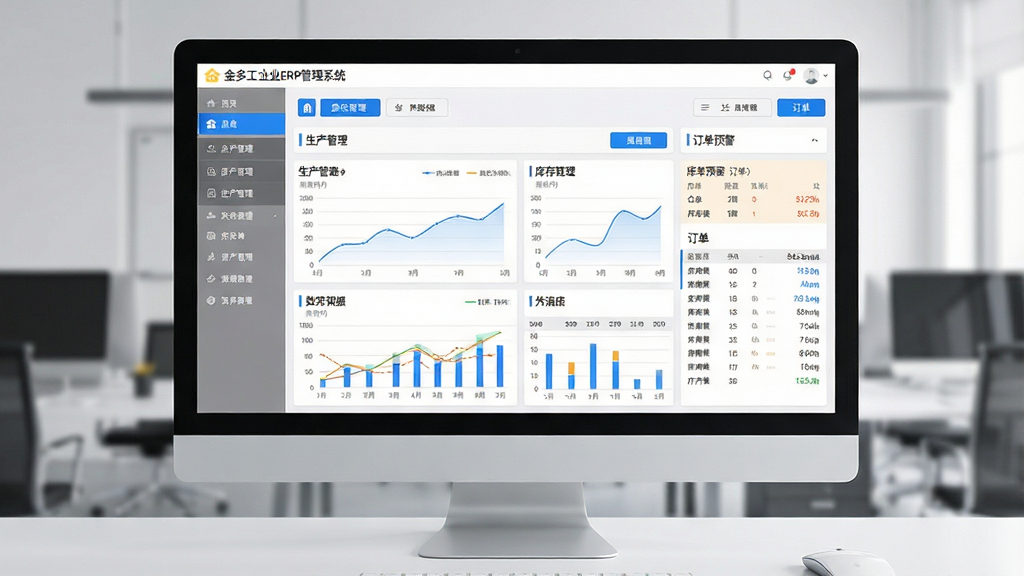 一张展示金多工业企业ERP管理系统软件界面的全景图,画面主体为电脑屏幕中运行的ERP管理软件主界面,布局上屏幕居中放置,左侧为功能导航菜单,中间为生产管理仪表盘与数据图表,右侧为库存预警与订单列表,排版整齐清晰,风格为现代商务简约风格,细节包括蓝色主色调按钮、白色背景卡片、实时数据曲线图与表格,画质高清,干净,无多余元素