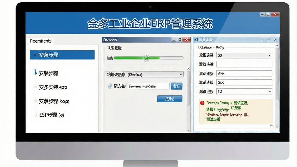 一张展示金多工业企业ERP管理系统安装与配置流程的示意图,画面主体为电脑屏幕中软件安装向导与数据库配置界面,布局上左侧为安装步骤列表,右侧为配置参数填写区域,排版规整,风格为技术教程风格,细节包括“金多工业企业ERP管理系统”标题、进度条、路径选择按钮、测试连接提示,画质清晰,干净,无多余元素