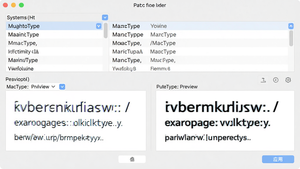 MacType�����滻������壬����Ϊ����ѡ�����滻���ý��棬�����Ϸ�Ϊϵͳ�����б��·�ΪĿ���滻����Ԥ�����Ű����ҷ������ԭ�����ұ��滻��Ч�������Ϊ����ǳɫ�칫�磬ϸ�ڰ����������������˵���Ԥ������ʾ����Ӧ�ð�ť�����ʸ��壬����ɾ����޶���Ԫ��