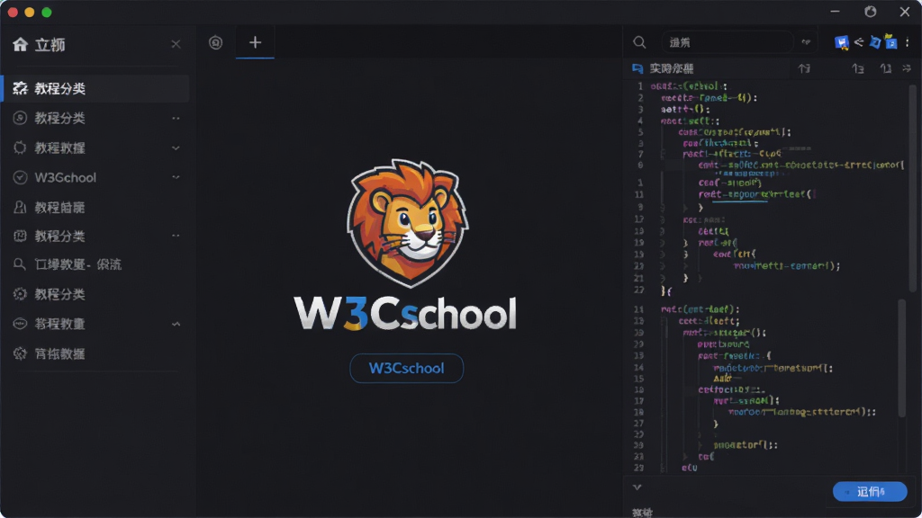 W3Cschool软件主界面全貌展示,画面中央是编程狮的Logo与名称“W3Cschool”,左侧为教程分类导航栏,右侧为代码编辑区域与实时预览窗口,界面采用深色护眼主题,布局清晰,排版简洁,风格为现代科技感,细节上突出代码高亮与运行按钮,画质高清,干净无多余元素