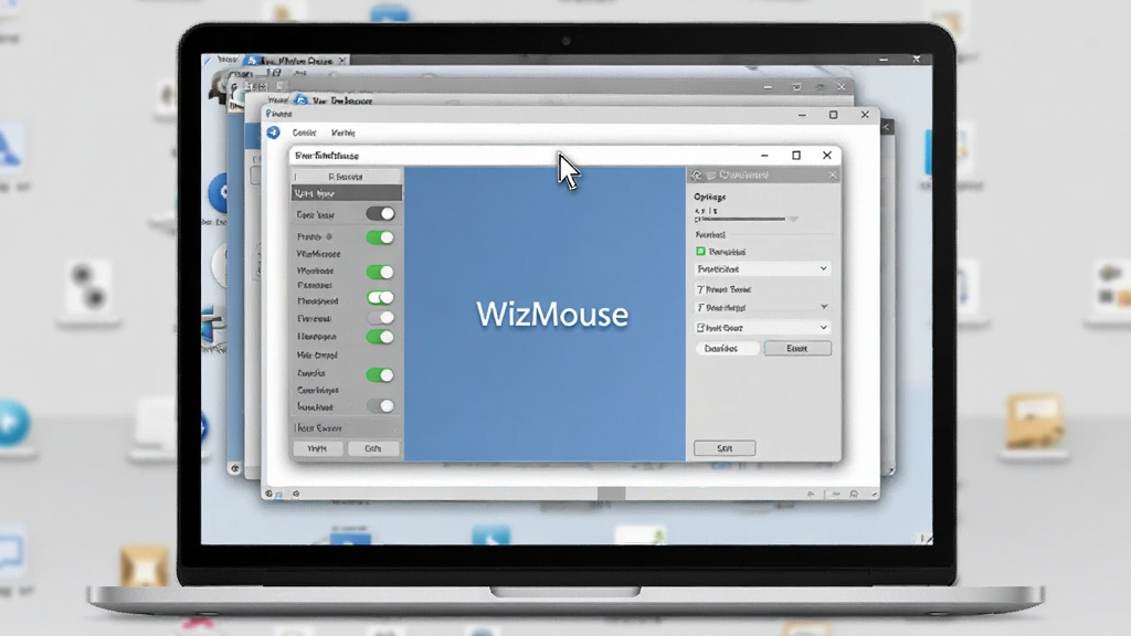 ��������ȫòչʾ��������һ̨�򿪵ıʼǱ�������Ļ����Ļ������ʾ WizMouse ���������棬���沼�ּ�࣬����ǹ��ܿ����б����Ҳ�������ѡ�����򣬱���Ϊǳ��ɫ���滷�������Ϊдʵ�Ƽ��磬ϸ�ڰ������ָ����ͣ�ڴ��ڱ�Ե��������ڲ�����У������������ɾ����޶���Ԫ��