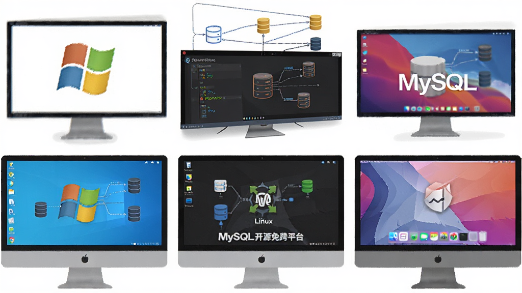 MySQL 开源免费跨平台主题插画,主体为多个显示器分别展示 Windows、Linux 和 macOS 桌面环境,布局为横向三栏排列,排版整齐有序,风格为简约商务插画,细节包含数据库图标与连接线,画质清晰明亮,干净无杂乱元素