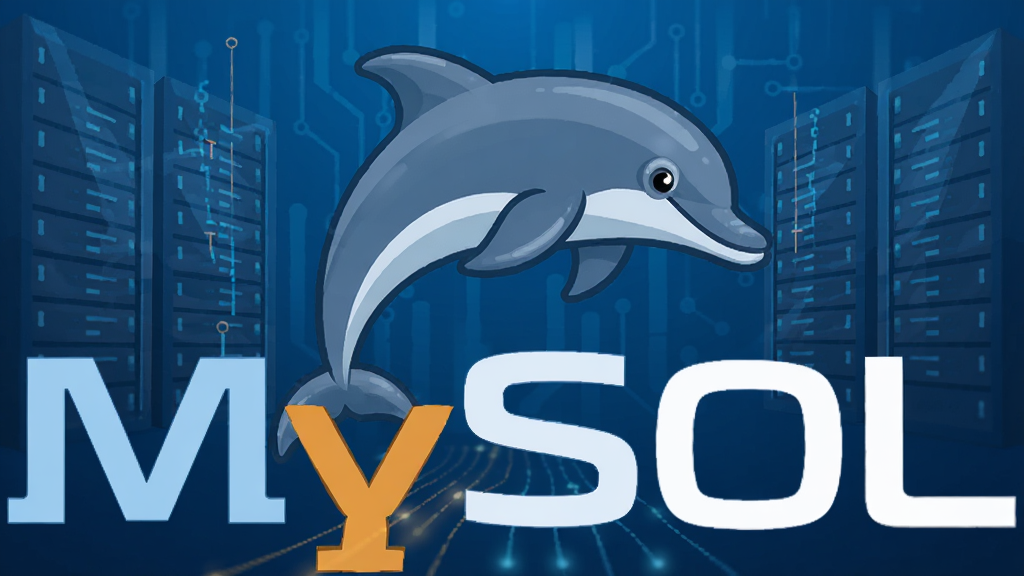 MySQL 官方标志性海豚图标与蓝色科技感背景,主体为一只跃起的卡通海豚位于画面中央,布局采用居中对称式,排版简洁大气,风格为现代扁平化科技风,细节处展示服务器机柜与数据流线条,画质高清干净无多余元素