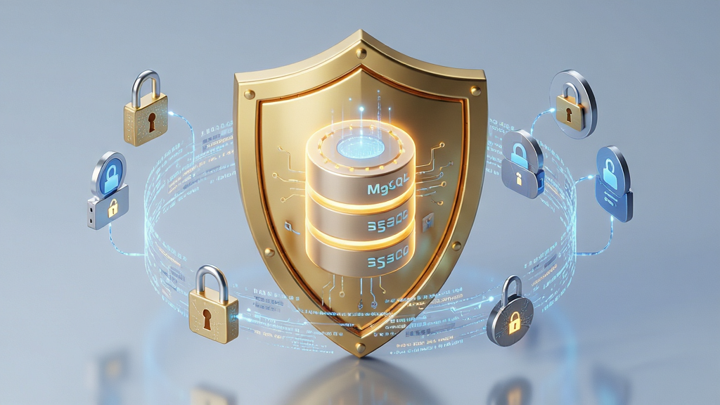 MySQL 数据安全与权限管理概念图,主体为一把金色盾牌守护着发光的数据库圆柱体,布局为盾牌居中环绕数据流,排版突出中心视觉,风格为科技感写实风,细节展示加密锁与用户权限图标,画质超清,画面干净无多余装饰