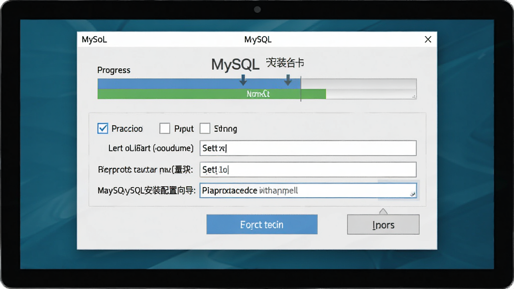 MySQL 安装配置向导界面示意图,主体为电脑屏幕显示安装进度条与端口设置选项,布局为居中特写,排版突出关键按钮,风格为软件界面截图风格,细节包含勾选框与路径输入框,画质清晰,画面干净无杂乱