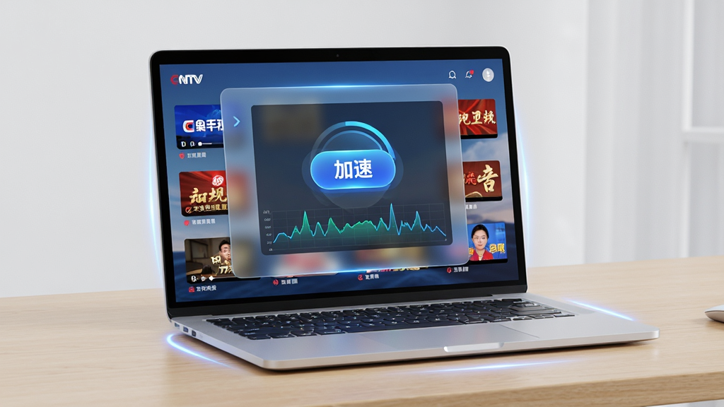 CNTV 网页点播加速器主界面展示,一台银色笔记本电脑放置在浅色木质桌面上,屏幕显示视频播放加速界面,界面中央有醒目的加速按钮和网速波形图,周围环绕着央视热门节目缩略图,布局简洁清晰,现代科技风格,细节包括半透明磨砂玻璃效果和蓝色光晕,4K画质,干净画面,无多余元素