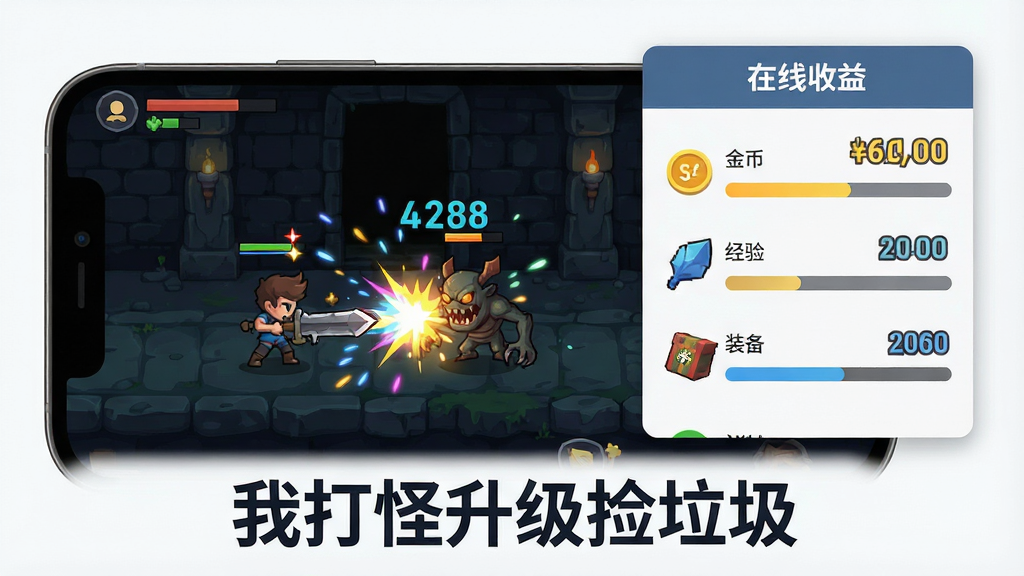 一幅游戏功能展示图,画面主体为手机屏幕中角色自动攻击怪物的动态场景,布局左侧显示战斗画面,右侧悬浮离线收益面板,面板中列出金币、经验、装备等收益条目,排版简洁直观,风格为扁平化游戏UI设计,细节包括技能特效粒子、收益数字跳动动画感、背景为暗色地牢,画质高清,干净,无多余元素,画面中带有文字“我打怪升级捡垃圾”