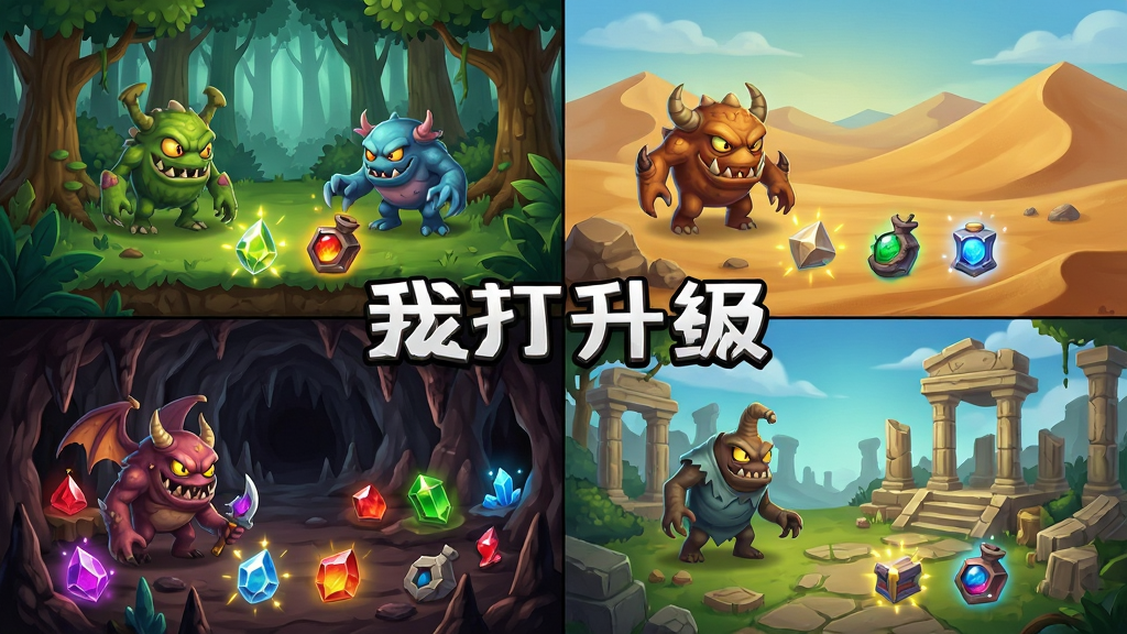 一幅游戏场景概念图,画面展示四个不同区域的拼接布局,左上森林、右上沙漠、左下洞穴、右下遗迹,每个区域有代表性怪物和掉落物品,排版为四宫格,风格为卡通奇幻,细节包括场景色调差异、怪物造型各异、掉落物闪光,画质高清,干净,无多余元素,画面中带有文字“我打怪升级捡垃圾”