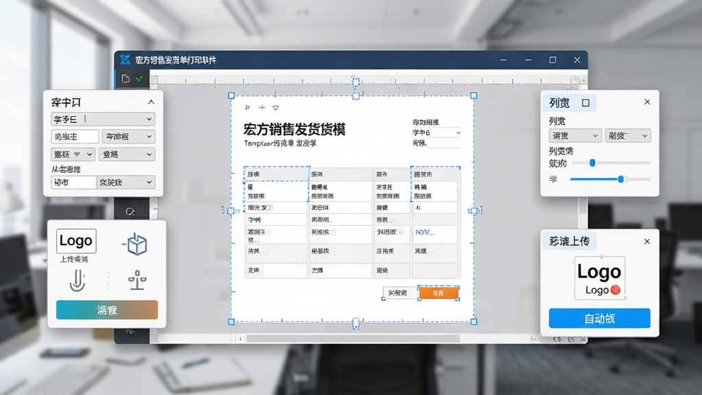 宏方销售发货单打印软件自定义模板功能展示,主体为软件界面截图,画面中央是一个正在编辑的发货单模板,四周悬浮着字体设置、列宽调整、Logo上传等工具面板。布局采用分层展示,前景是模板编辑区,背景是模糊的办公室环境。风格为简洁科技风,细节包括清晰的文字标签、可拖拽的边框和色彩鲜明的按钮。画质高清,画面干净,无多余元素。