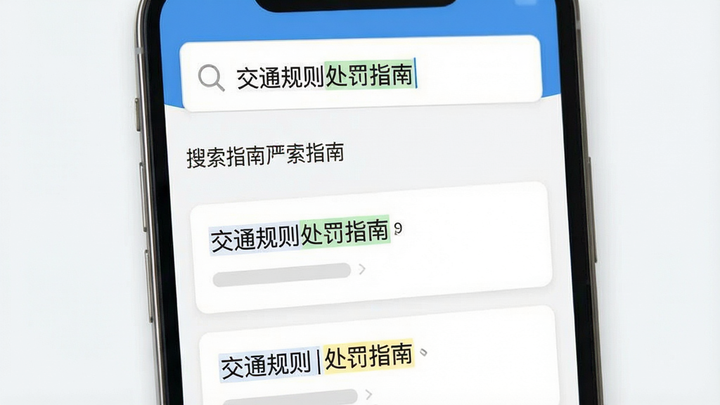 一张展示交通规则处罚指南搜索功能的图片,主体为手机屏幕中搜索框输入关键词后展示结果列表,布局为顶部搜索栏下方结果卡片纵向排列,排版简洁明了,风格为现代移动端UI设计,细节包含放大镜图标、高亮匹配文字、软件名称