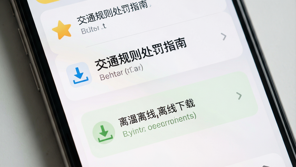 一张展示交通规则处罚指南离线功能的图片,主体为手机界面中收藏夹列表与离线下载标识,布局为上下结构上方收藏条目下方离线状态提示,排版清晰,风格为柔和浅色系设计,细节包含星标图标、下载箭头、文字