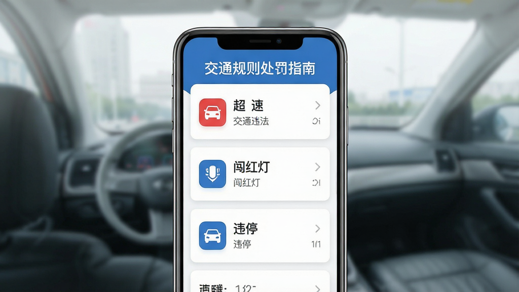 一张展示交通规则处罚指南软件界面的图片,主体为手机屏幕中显示交通违法查询列表,布局为居中展示手机正视图,排版清晰列出超速、闯红灯、违停等条目,风格为现代扁平化科技风,细节包含红蓝配色图标、白色背景卡片、清晰的中文文字