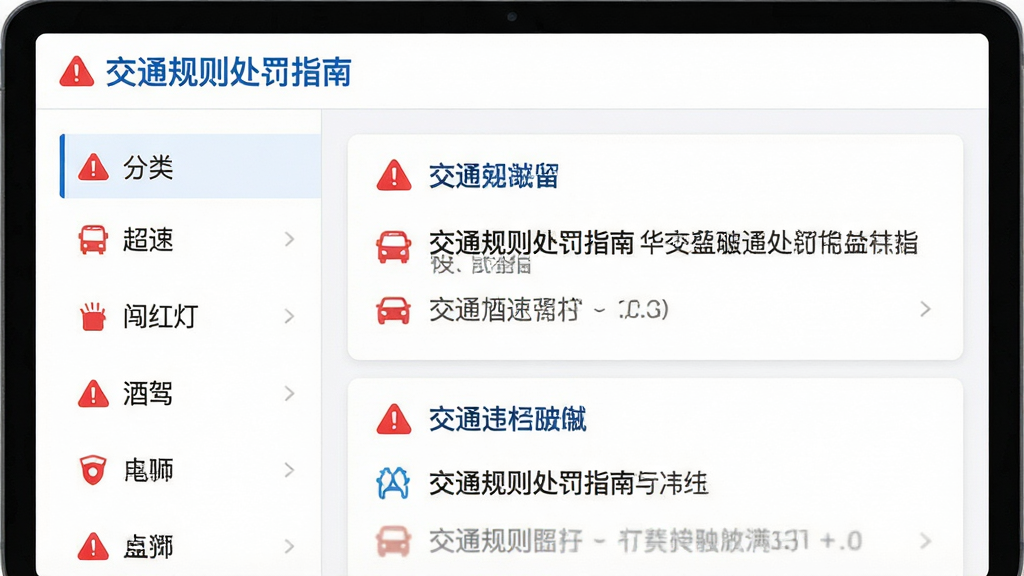 一张展示交通规则处罚指南核心功能的图片,主体为软件界面中分类展示超速、闯红灯、酒驾等违法条目,布局为左右分栏左侧分类列表右侧详情卡片,排版整齐有序,风格为清新简约的卡片式设计,细节包含红色警示图标、蓝色标题文字