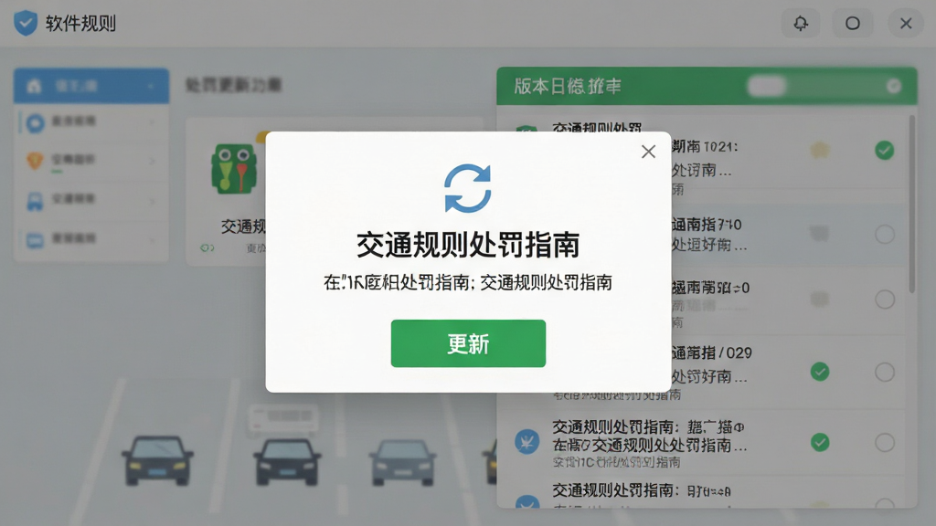 一张展示交通规则处罚指南更新功能的图片,主体为软件更新提示弹窗与版本日志列表,布局为居中弹窗展示更新内容,排版简洁,风格为扁平化现代设计,细节包含刷新图标、绿色更新按钮、文字
