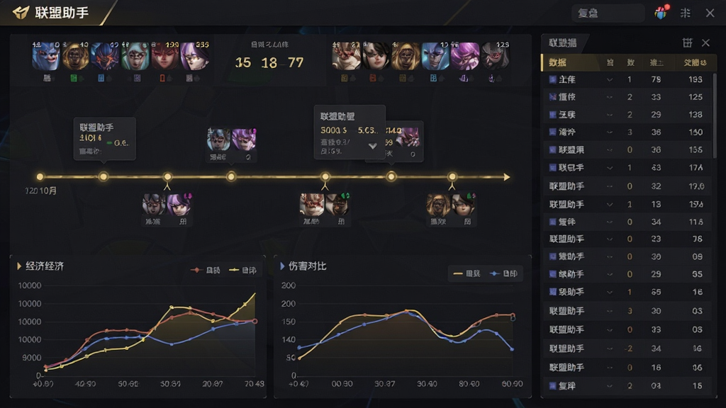 一张展示联盟助手战绩查询与复盘界面的预览图,画面以时间轴形式展开一局比赛的关键事件,上方为双方阵容与最终比分,下方为经济曲线与伤害对比折线图,右侧列出详细数据表格,整体采用深色主题与金色高亮线条的数据可视化风格,细节上体现时间节点标记与数据悬浮卡片,画质清晰干净,画面中文字标注“联盟助手”