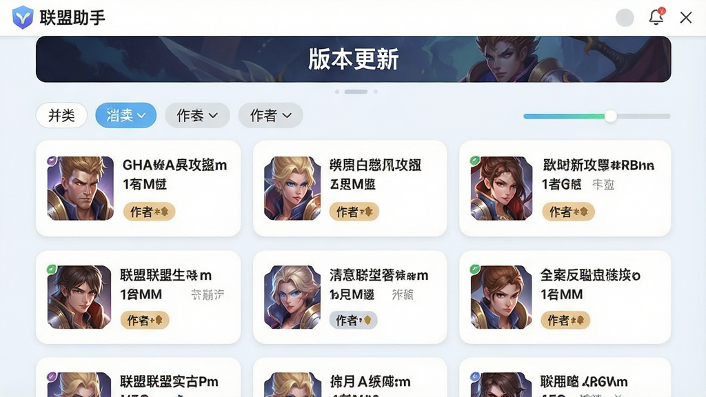一张展示联盟助手资讯与攻略页面的预览图,画面采用信息流卡片布局,每张卡片包含英雄头像、攻略标题与作者段位标签,顶部为版本更新横幅,整体采用清新明快的浅色系配色与圆角卡片风格,细节上体现分类筛选标签与阅读进度条,画质清晰干净,画面中文字标注“联盟助手”