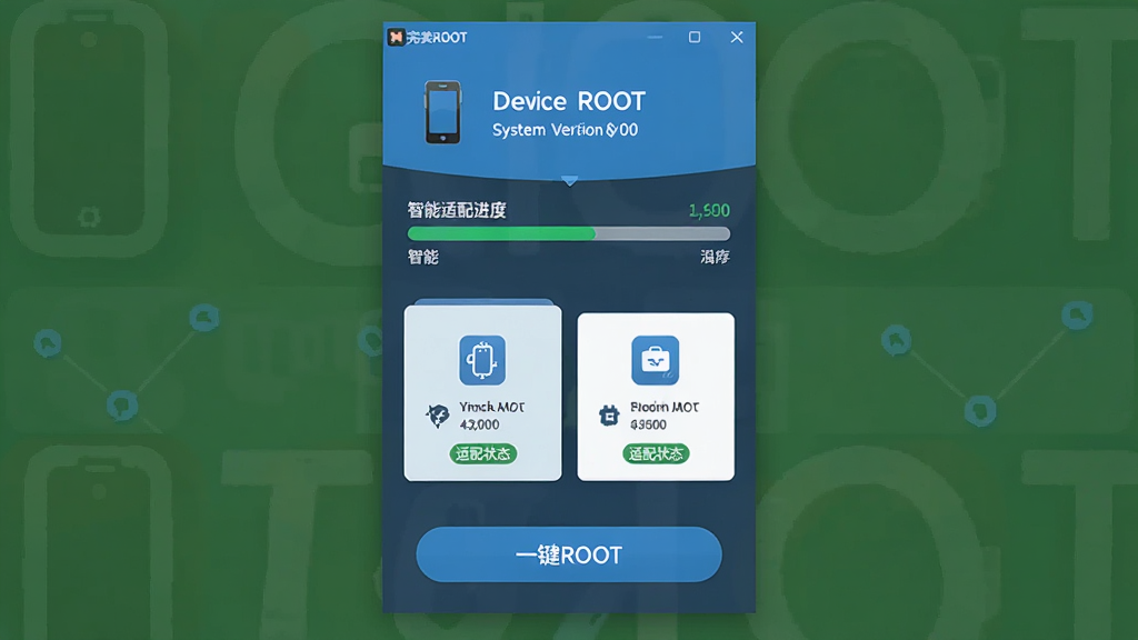 一张以“完美ROOT”软件界面为主体的图片,画面中心是软件主界面,顶部显示设备型号与系统版本,中间是智能适配进度条和推荐方案卡片,底部是一键ROOT按钮,布局为垂直卡片式,风格为扁平化科技蓝,细节包括机型图标、系统版本号、适配状态标签,画质高清,干净,无多余元素