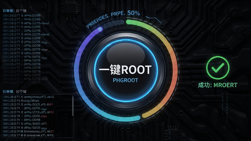 一张表现一键ROOT操作的图片,画面中央是一个大号圆形按钮写着“一键ROOT”,按钮周围环绕着进度环和状态文字,背景是深色科技纹理,布局为居中对称,风格为霓虹光效,细节包括进度百分比、日志滚动区域、成功提示图标,画质高清,干净,无多余元素